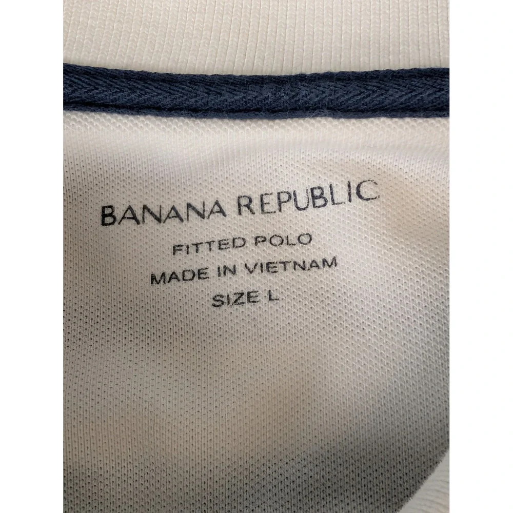 Banana Republic Mens L Fitted Polo Shirt Cream Navy Blue Striped Cotton EUC